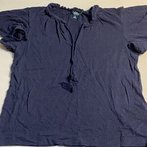 Ralph Lauren Navy Short-Sleeve Tassel Hoodie Shirt